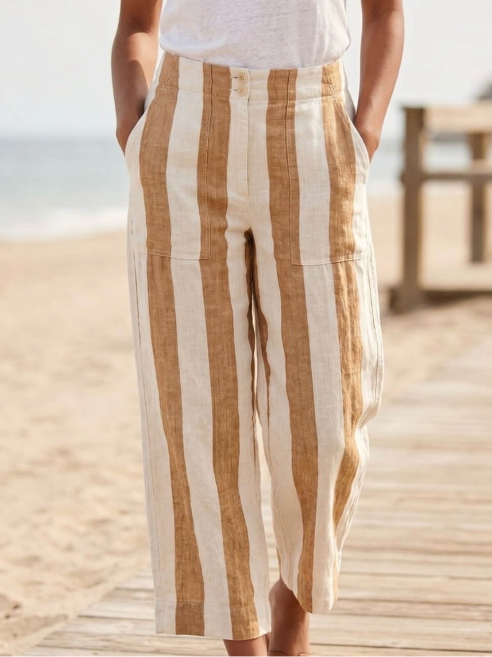 J CREW Striped High Rise Linen Crop Pants Brown White Size 2